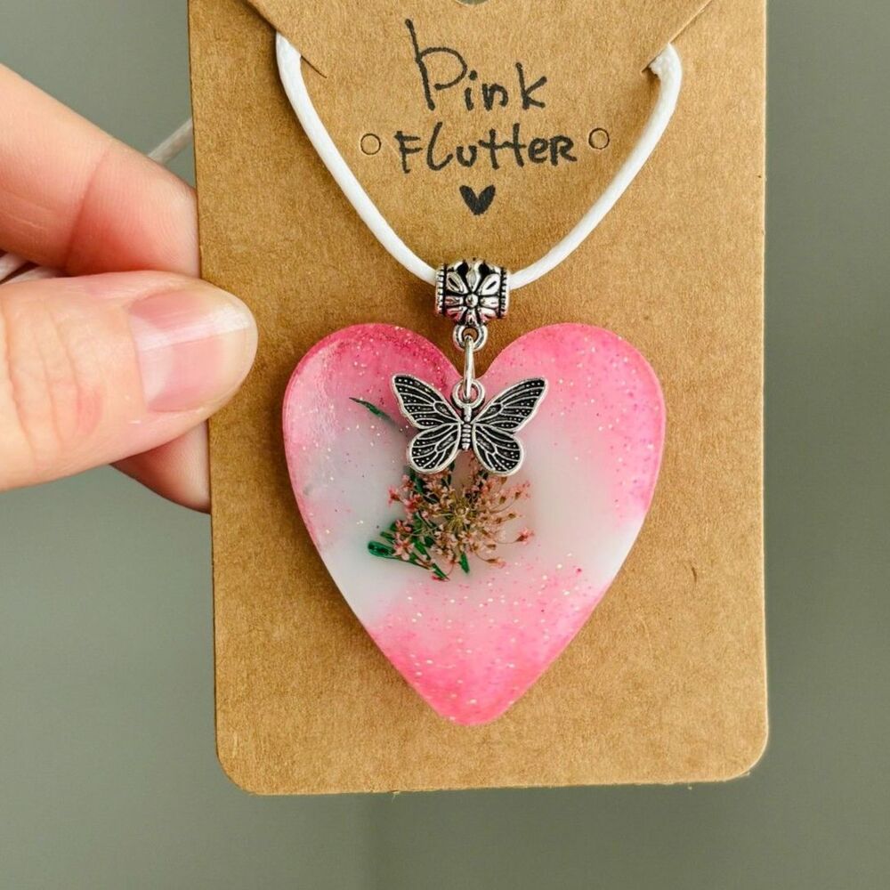 Pink Butterfly Heart Necklace with Dried Flowers, Handmade Pendant, Gift for Her